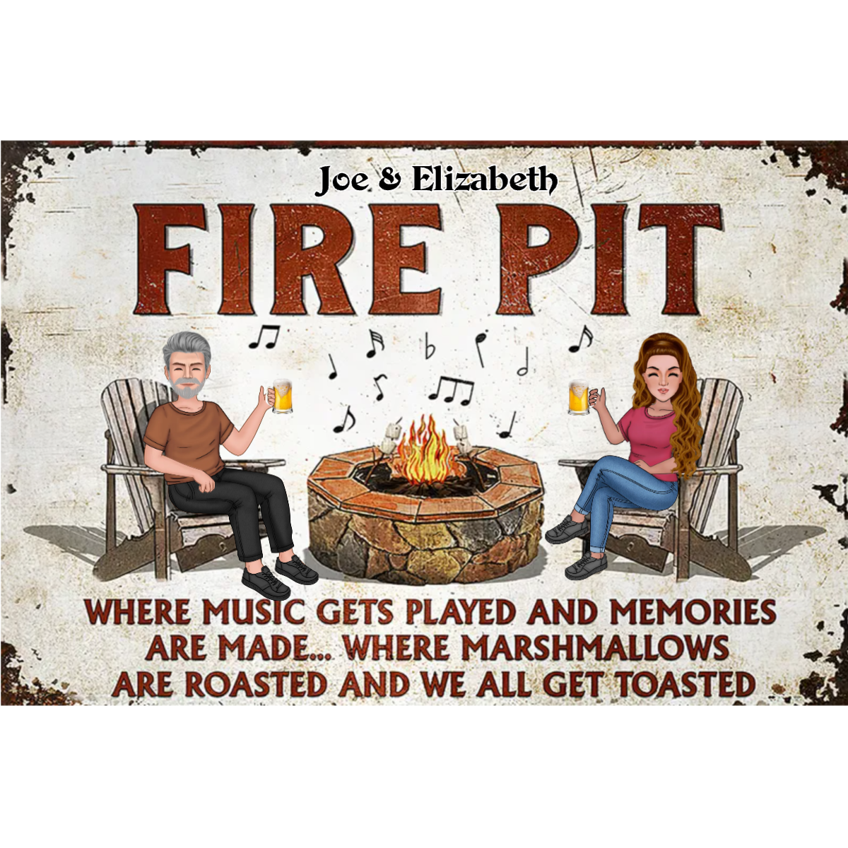 Fire Pit Where Music Gets Played Husband Wife Personalized Classic Metal Sign, Backyard Side, White