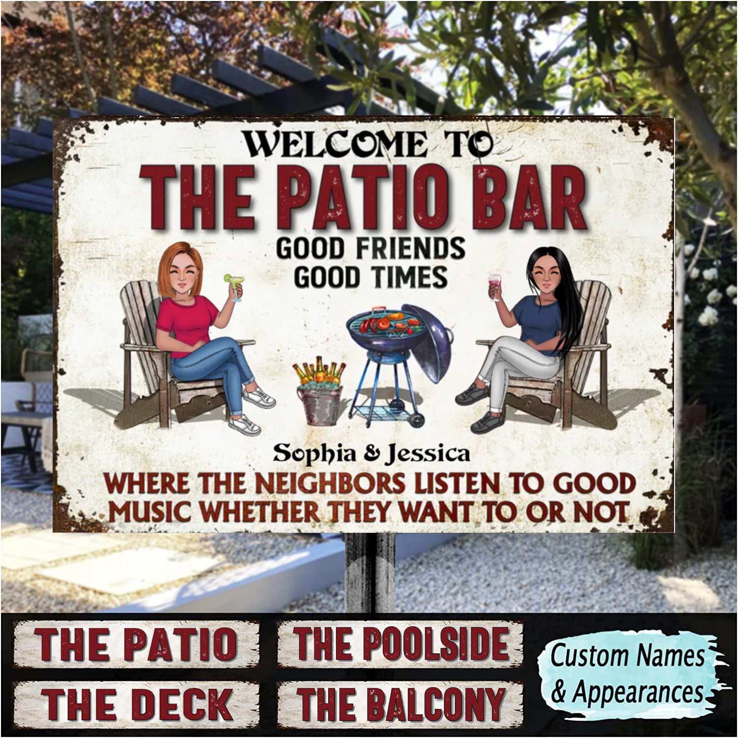 Welcome to Patio Bar Grilling Listen to The Good Music Couple Husband Wife Personalized Classic Metal Sign, White