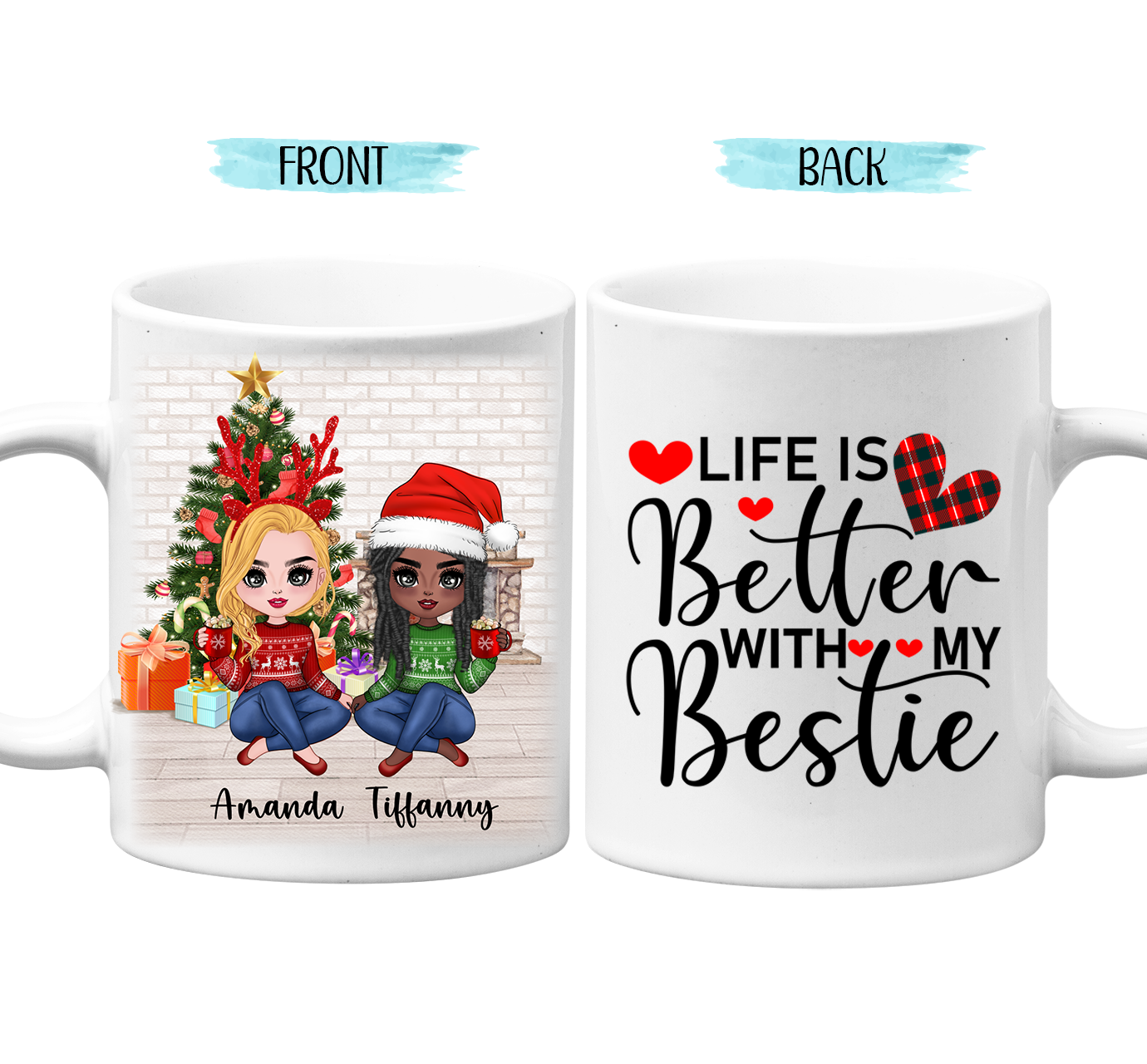 Christmas Friends Sitting with Drinks - Besties - Personalized Mug