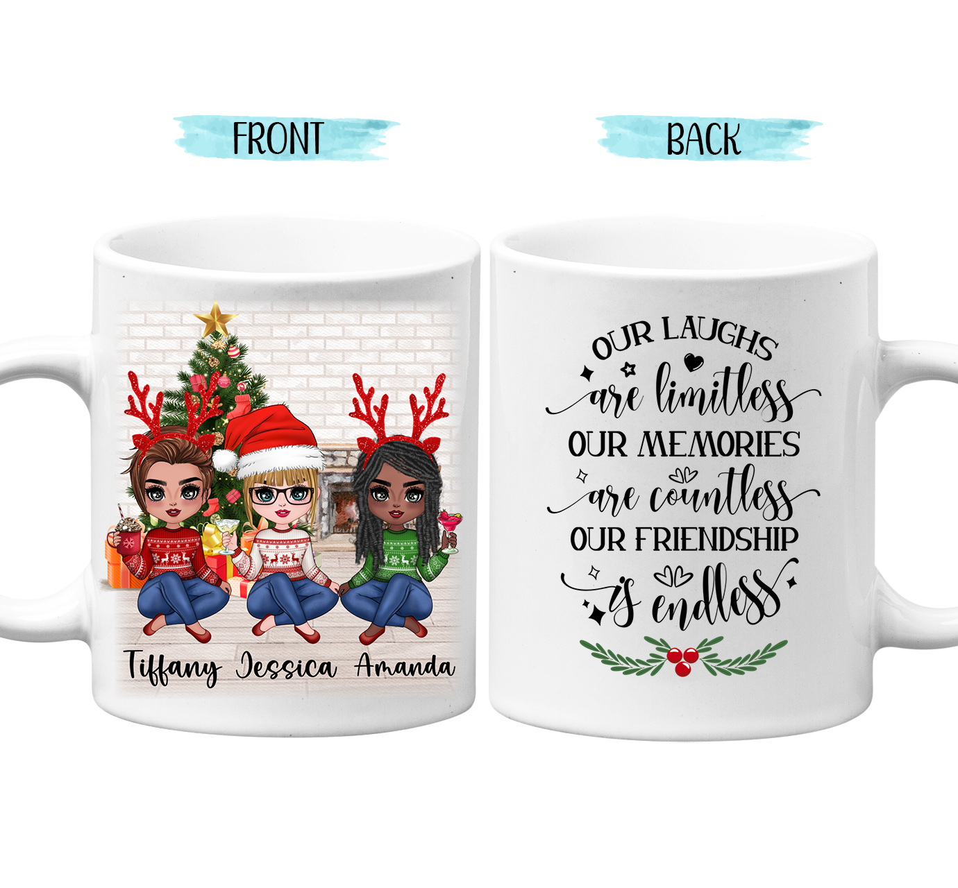 Christmas Friends Sitting with Drinks - Besties - Personalized Mug