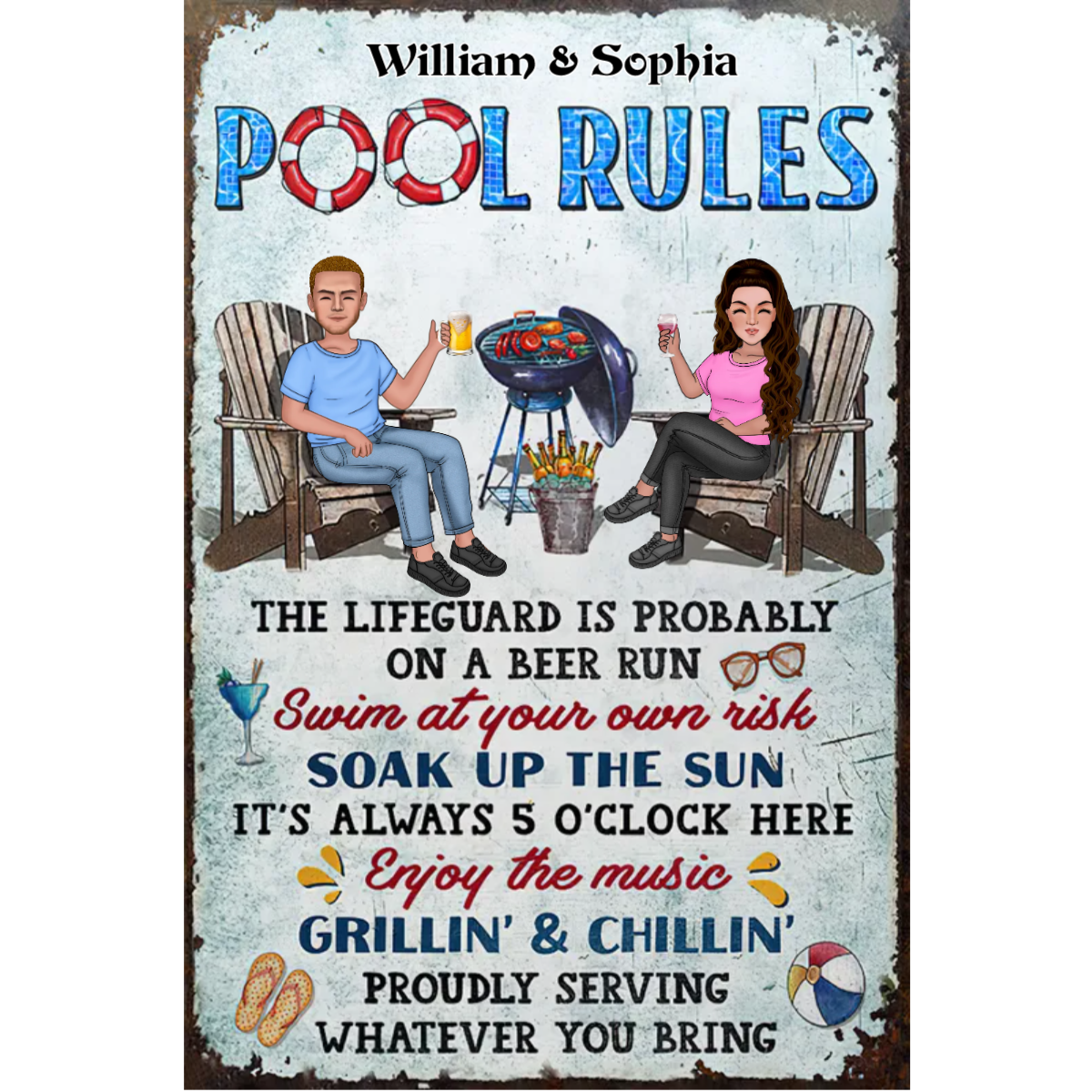 Pool Rules - The lifeguard is probably on a beer run - Couple Husband Wife Personalized Classic Metal Sign, White