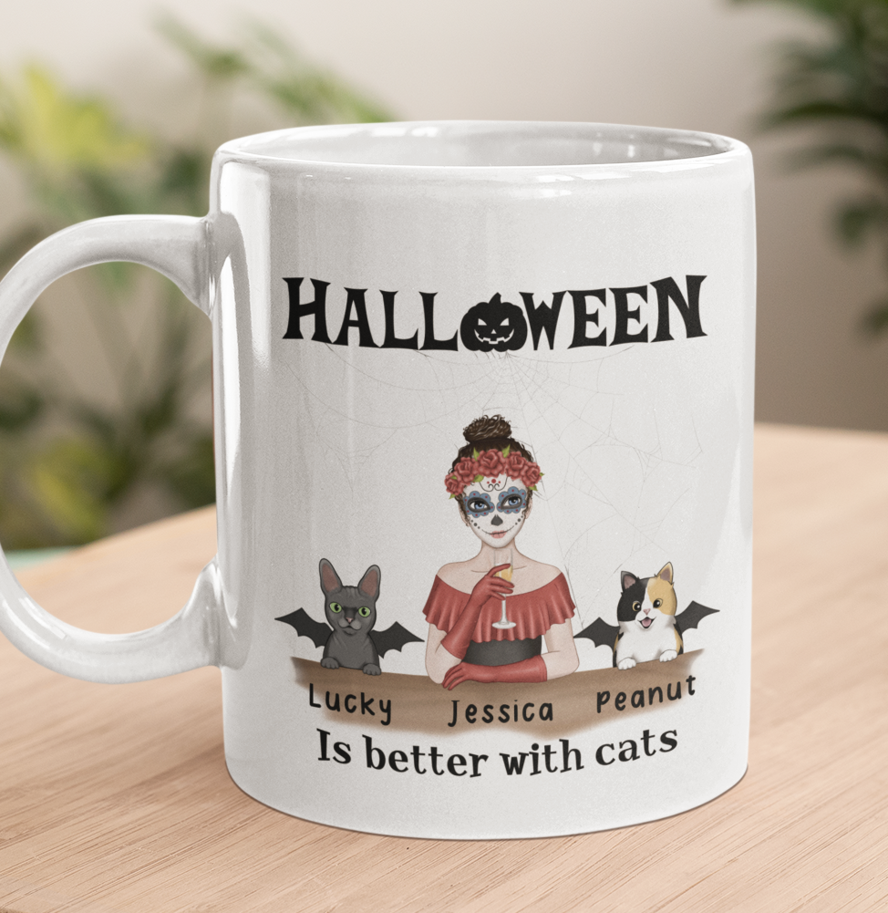 Halloween is better than Cats - (Woman) Cat Lover - Personalized Mug